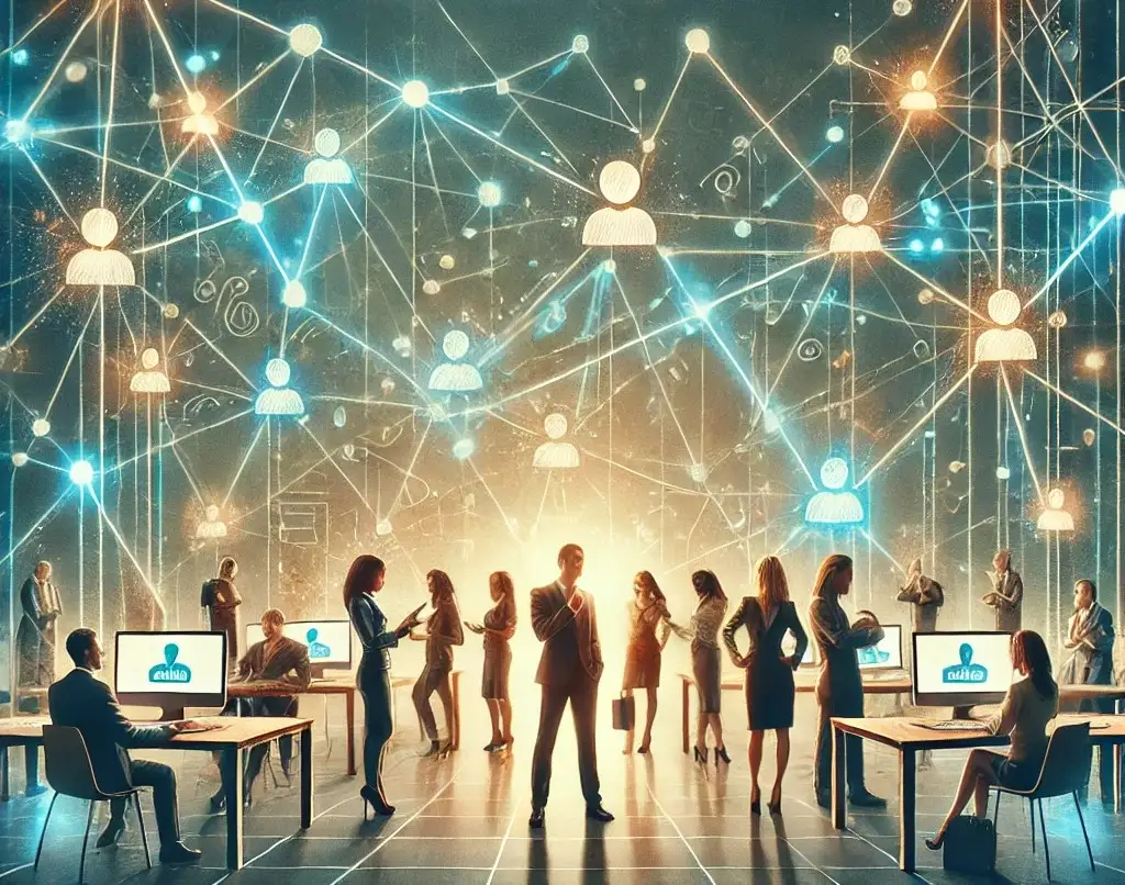 A visually appealing featured image for a blog post titled 'How I Built My Professional Network from Scratch.' The image shows a professional setting with diverse individuals connected by glowing network lines, symbolizing meaningful relationships. The background includes elements like virtual meetings, laptops, and a modern workspace, all with a vibrant and motivational tone. The text overlay reads 'Building Connections That Matter' in bold, elegant typography. The colors include shades of blue, green, and white to convey trust, growth, and clarity.