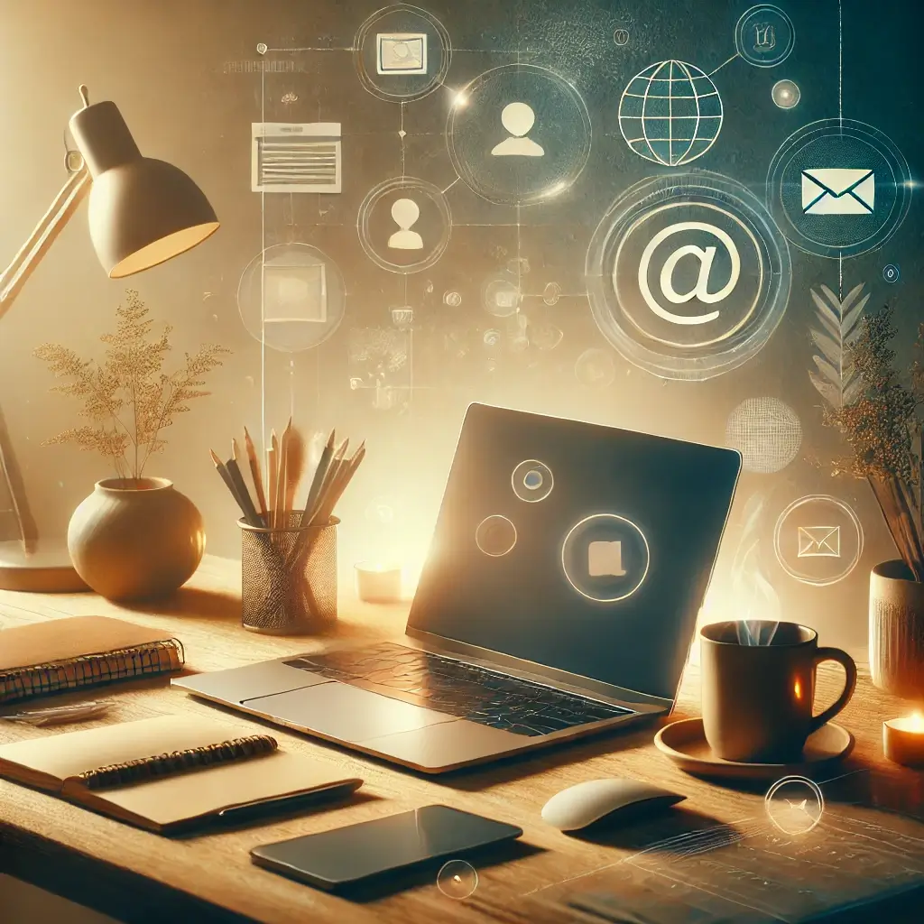 A creative featured image illustrating the concept of introverts thriving in online business. The image includes a calm, minimalistic workspace with a laptop, a coffee mug, and digital tools on the desk, surrounded by soft, cozy lighting. In the background, there are subtle representations of online communication, such as chat bubbles and email icons, all blending into a tranquil home office setting. The color palette is warm and inviting, focusing on shades of blue, beige, and green.