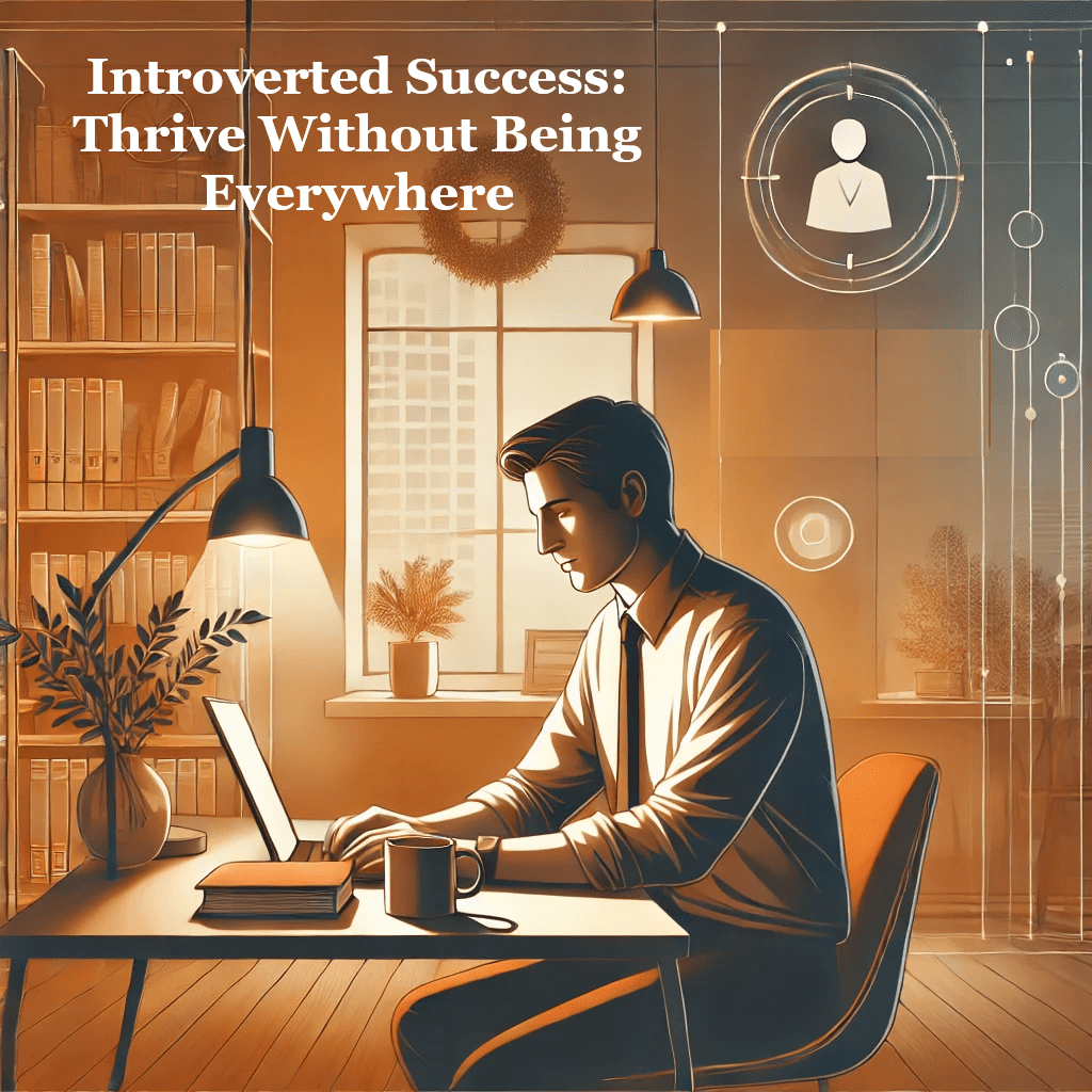 Thriving as a Shy Introvert Without Being Everywhere:: An illustration of a calm, introverted professional working peacefully in a cozy, modern office environment. The individual is surrounded by warm lighting, soft colors, and a bookshelf with plants, emphasizing focus and tranquility. A subtle digital interface in the background represents strategic online presence, with a serene outdoor view visible through a window. The atmosphere conveys quiet success and energy management.