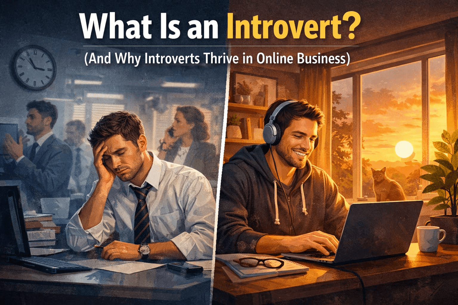 Illustration showing introvert traits, signs of introversion, and strengths for online business and remote work